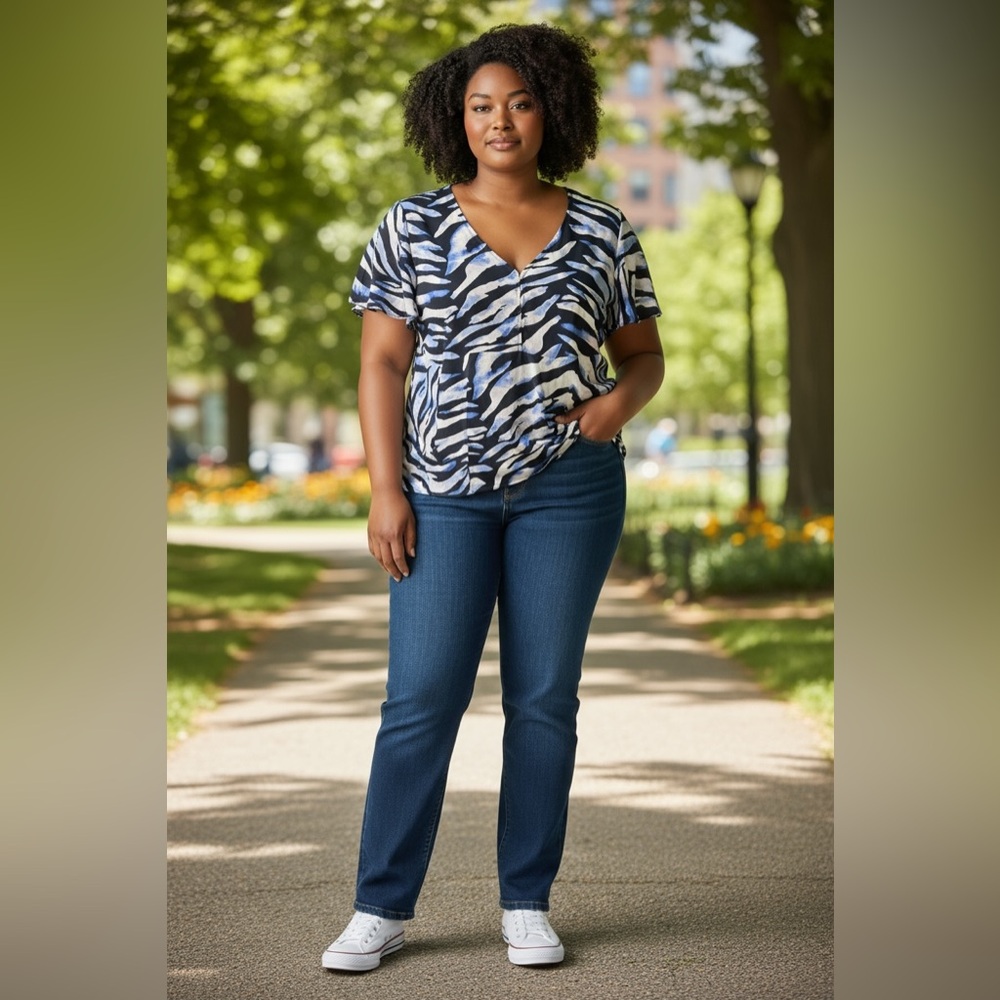 Blue and Navy Animal Print Torrid Crepe V-Neck Top in Size 0 (L / 12)